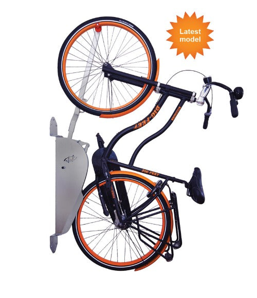 Gas spring assisted vertical bike rack, eBike compatible, residential and commercial use., wall mounted or installed with OnStreet bike rack for maximum density